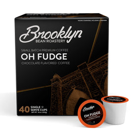 Brooklyn Beans Oh Fudge box front, premium chocolate-flavored coffee for dessert-inspired mornings.