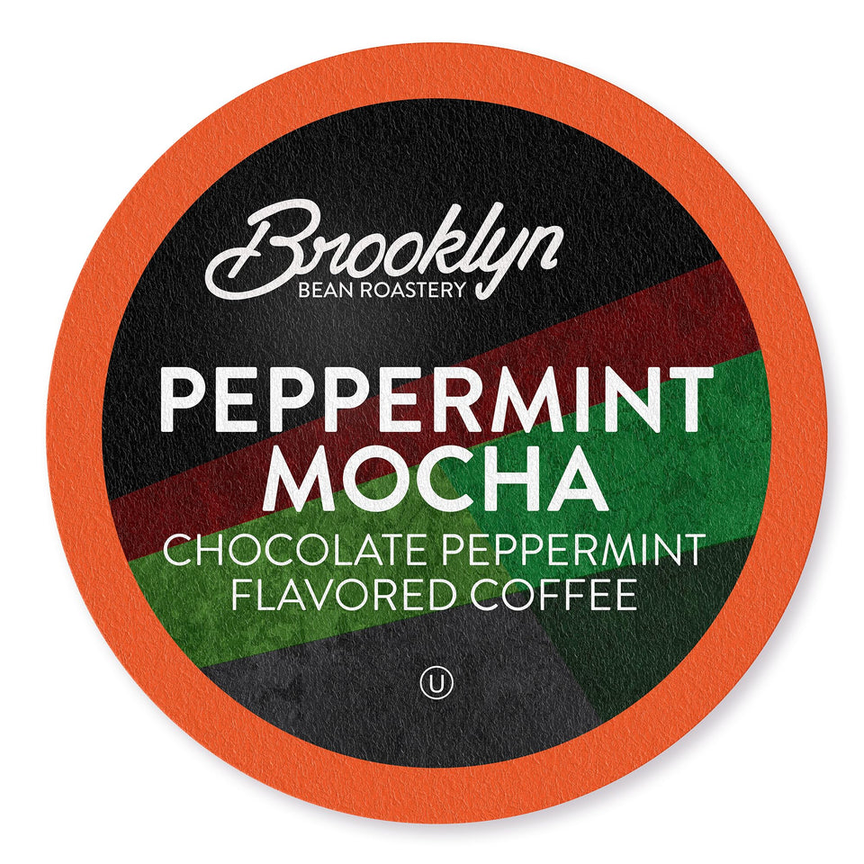 Brooklyn Beans Peppermint Mocha pod front view for Keurig, convenient single-serve caffeine.