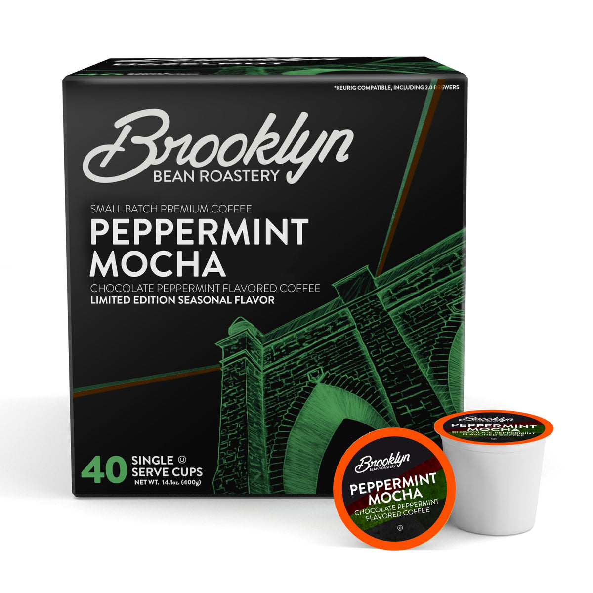 Brooklyn Beans Peppermint Mocha packaging, festive gift-ready box for holiday coffee.