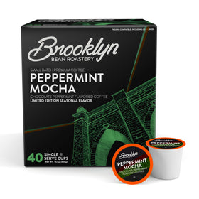 Brooklyn Beans Peppermint Mocha packaging, festive gift-ready box for holiday coffee.