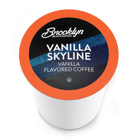 Brooklyn Beans Vanilla Skyline cup portrait highlights creamy vanilla aroma in a ready-to-brew cup.