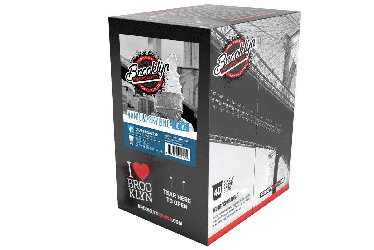 Brooklyn Beans Vanilla Skyline Decaf packaging highlights 40-count box