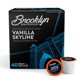 Brooklyn Beans Vanilla Skyline pack shot shows 40 gourmet pods for Keurig brewers, ready to brew.