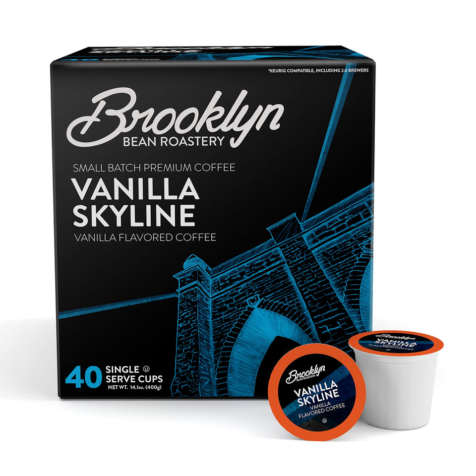 Brooklyn Beans Vanilla Skyline pack shot shows 40 gourmet pods for Keurig brewers, ready to brew.