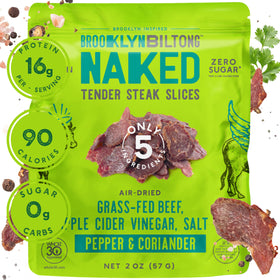 Brooklyn Biltong air-dried steak slices arranged for tasting, premium lean protein.