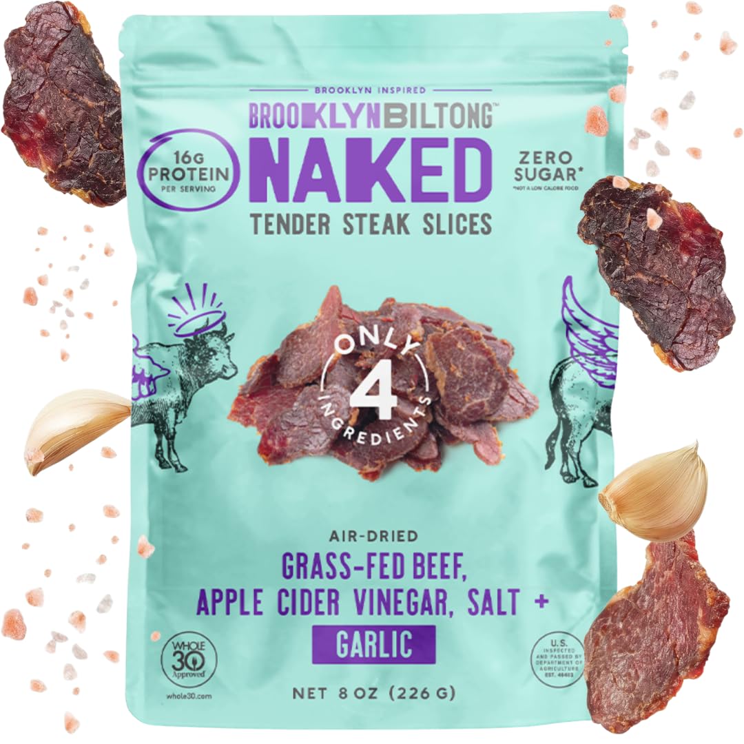 Brooklyn Biltong Garlic air-dried beef slices on board for a savory protein snack