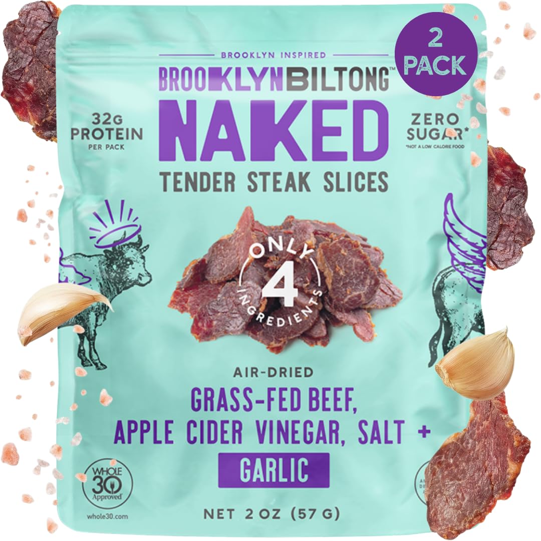 Brooklyn Biltong Garlic Naked Tender Slices—2oz pack; high protein for quick snacking.