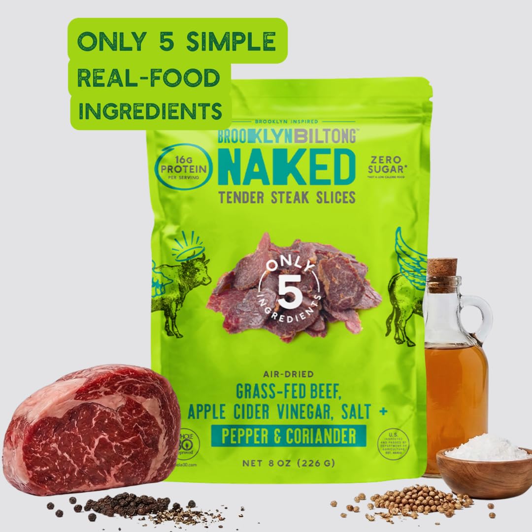 Brooklyn Biltong grass-fed beef slices showcase lean protein quality.