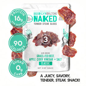 Brooklyn Biltong Naked Tender Slices Classic texture close-up shows juicy, beef-forward bite