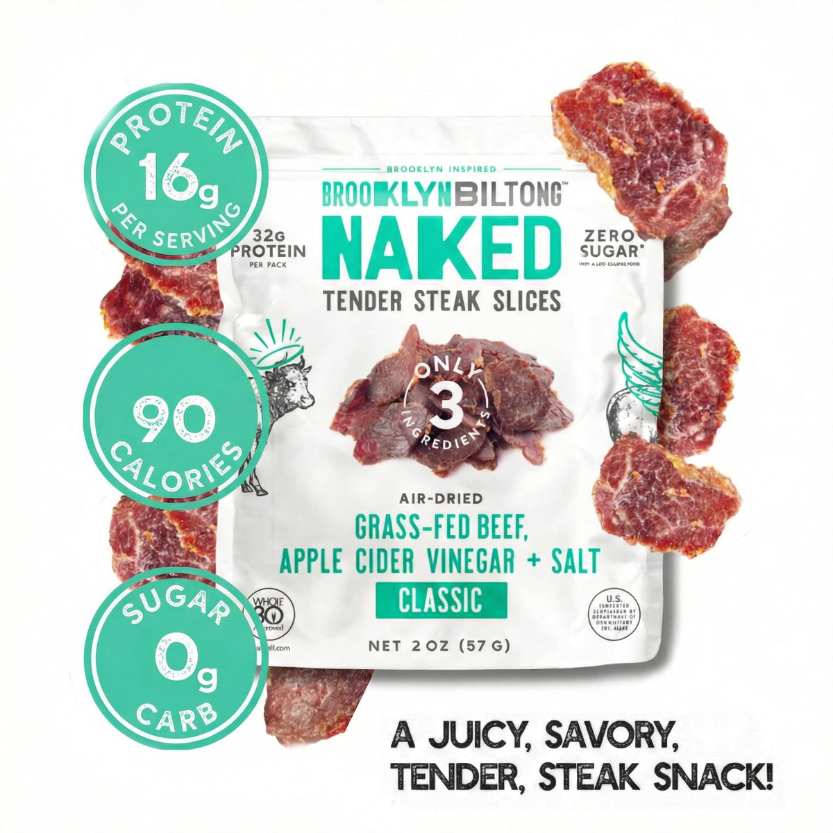 Brooklyn Biltong Naked Tender Slices Classic front view packaging—gluten-free.