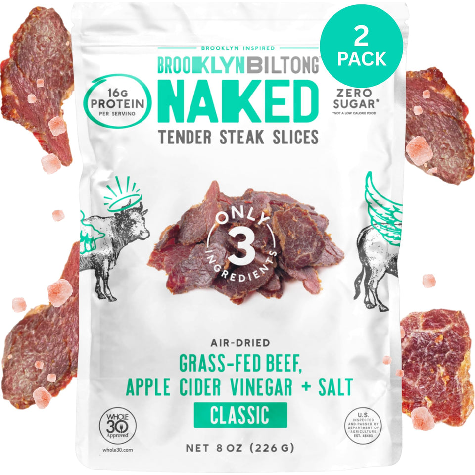 Brooklyn Biltong Naked Tender Slices Classic two 8oz packs, high-protein snack