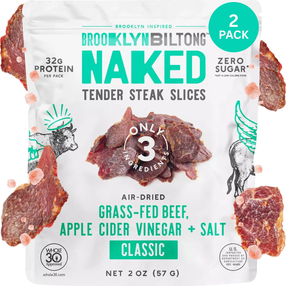 Brooklyn Biltong Naked Tender Slices classic pack front, high-protein on-the-go snack