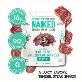 Brooklyn Biltong Naked Tender Slices pack ingredients highlight simple real-food components for clean snacking
