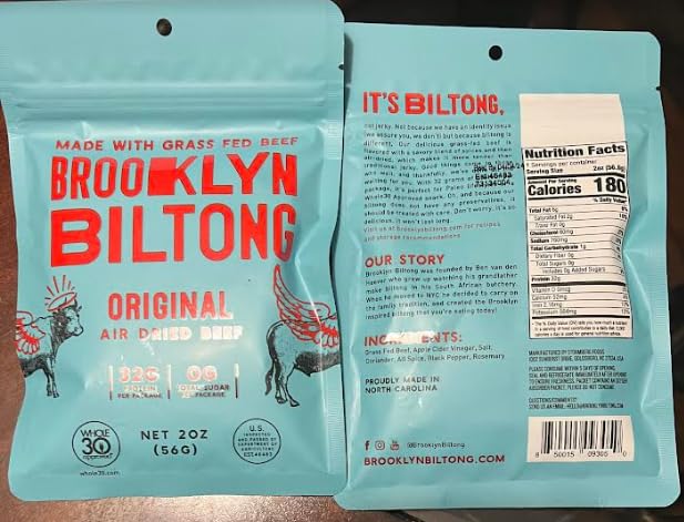 Brooklyn Biltong Original bag, air-dried beef jerky for a high-protein snack on the go.