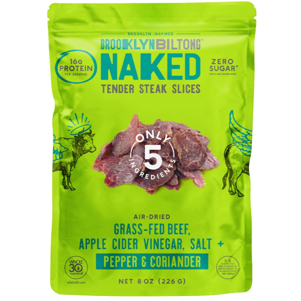 Brooklyn Biltong pepper & coriander slices in an 8oz pack for on-the-go protein