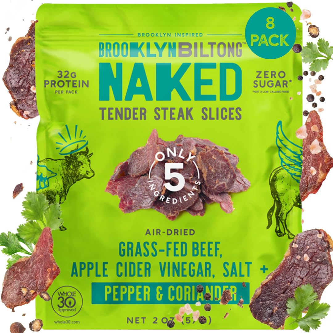Brooklyn Biltong pepper coriander steak slices 8-pack on shelf, gluten-free protein snack.