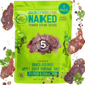 Brooklyn Biltong pepper and coriander tender steak slices on a plate for a protein-packed snack.