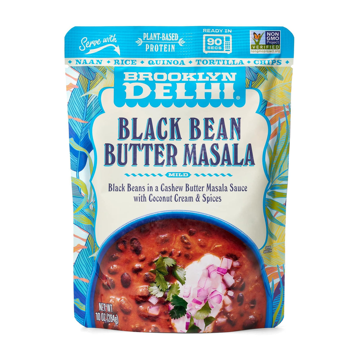 Brooklyn Delhi Black Bean Butter Masala pouch open, ready to serve a savory plant-based meal.