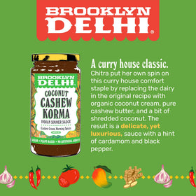 Brooklyn Delhi Coconut Cashew Korma ingredients highlight coconut cream and cashew butter.