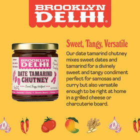 Brooklyn Delhi Date Tamarind Chutney on a samosa plate, pairing sweet and tangy flavors