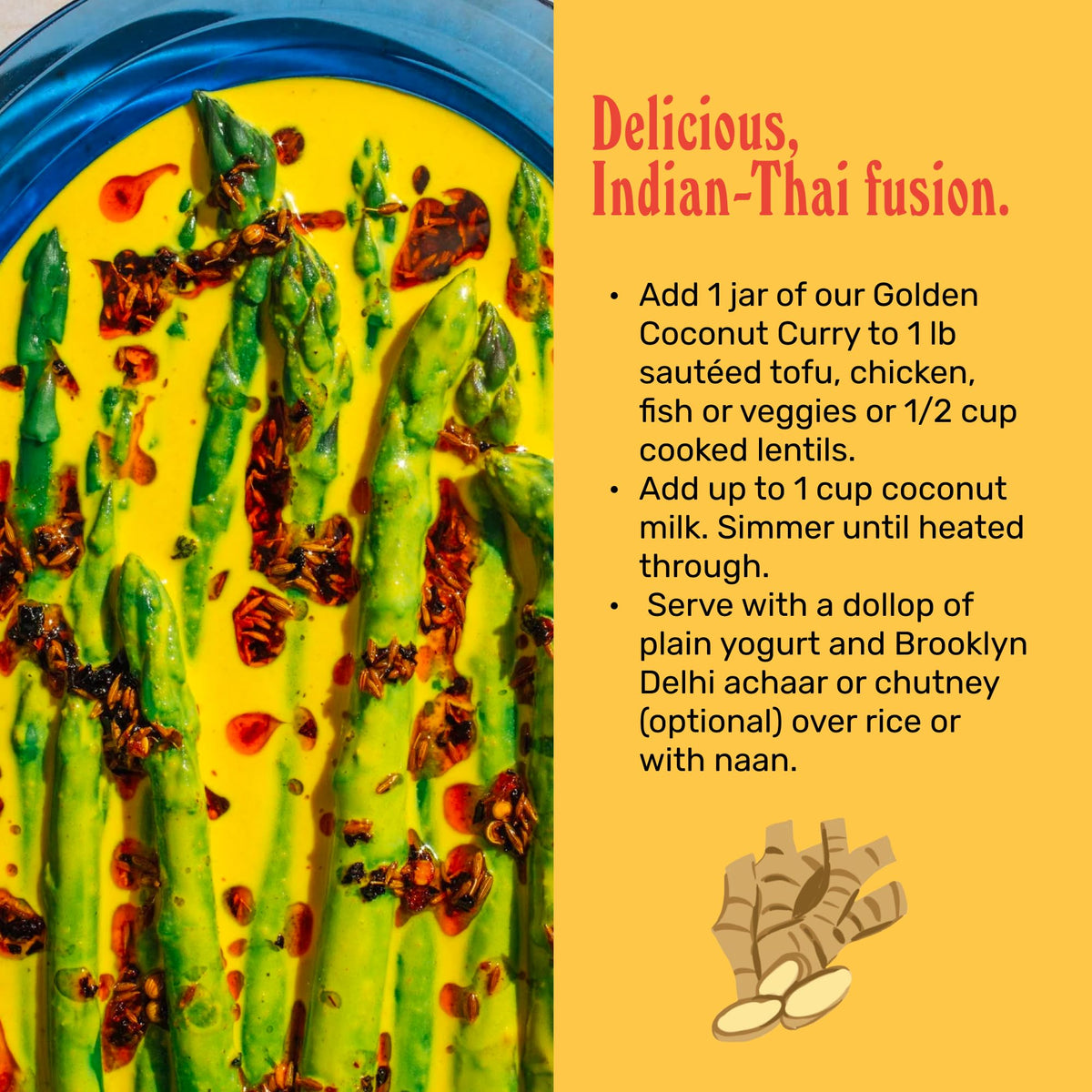 Cooktop pan with Brooklyn Delhi Golden Coconut Curry glowing with vibrant color
