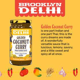Brooklyn Delhi Golden Coconut Curry jar label highlights turmeric and lemon brightness