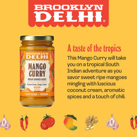 Brooklyn Delhi Golden Coconut Curry jar pouring into a sizzling skillet.