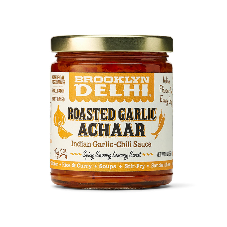 Brooklyn Delhi Roasted Garlic Achaar bottle ready to flavor sauces and marinades.