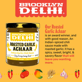 Dish with Brooklyn Delhi Roasted Garlic Achaar on a dipping spoon.
