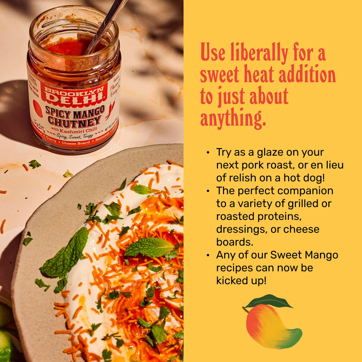 Brooklyn Delhi Spicy Mango Chutney glass bottle with label, versatile pantry staple.