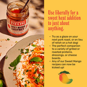 Brooklyn Delhi Spicy Mango Chutney glass bottle with label, versatile pantry staple.
