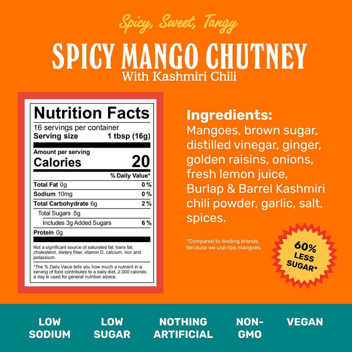 Brooklyn Delhi Spicy Mango Chutney jar close-up highlighting ripe mango and ginger.