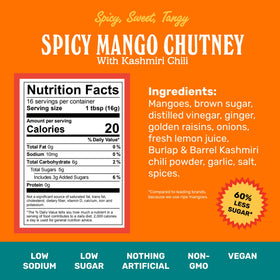 Brooklyn Delhi Spicy Mango Chutney jar close-up highlighting ripe mango and ginger.