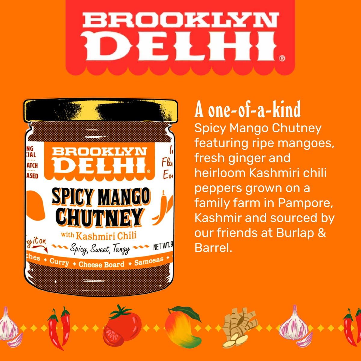 Brooklyn Delhi Spicy Mango Chutney scoop beside cheese board for pairing ideas.