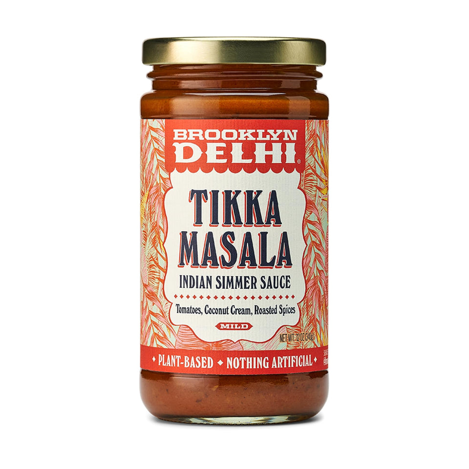 Brooklyn Delhi Tikka Masala jar label shows vegan, low-sugar sauce ideal for weeknight meals.