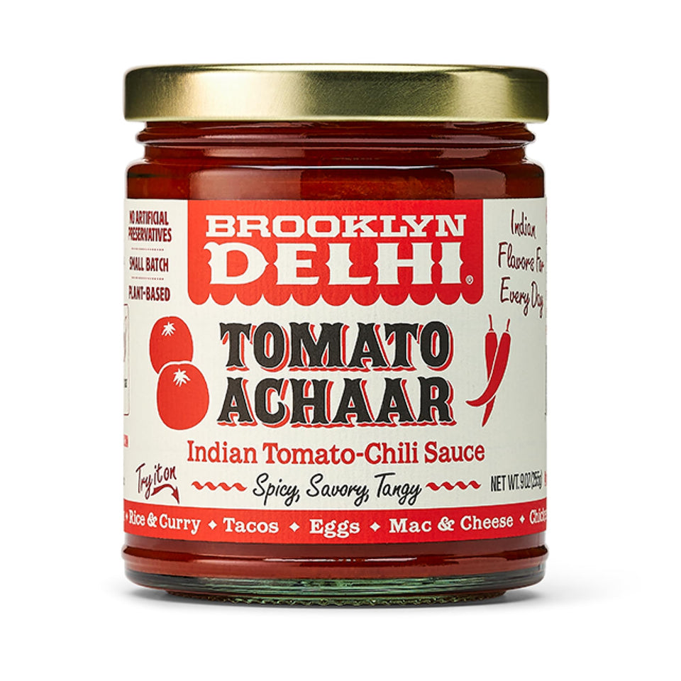 Brooklyn Delhi Tomato Achaar bottle adds bold savory heat to meals.