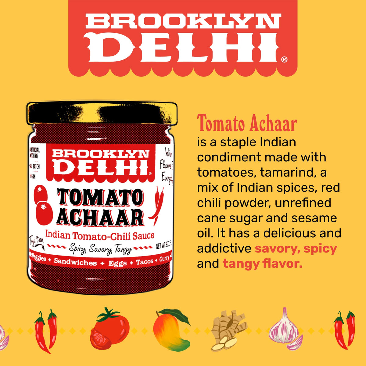 Brooklyn Delhi Tomato Achaar jar close-up shows glossy, spicy-scented glaze.