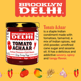 Brooklyn Delhi Tomato Achaar jar close-up shows glossy, spicy-scented glaze.