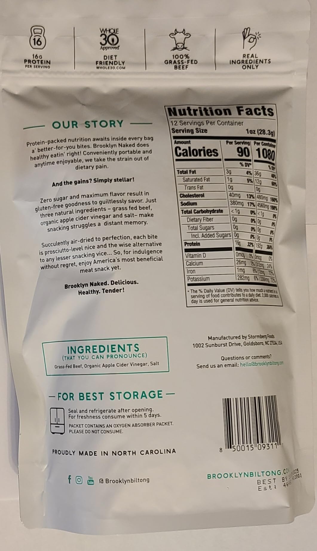Brooklyn Naked Grass-Fed beef slices in packaging, gluten-free, simple ingredients for clean snacking.