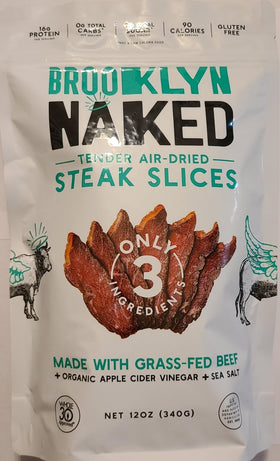 Brooklyn Naked Tender air-dried steak slices, protein-packed, convenient snack for busy days.