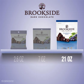 Brookside centers contrasted with dark chocolate, chewy berry flavors highlighted.