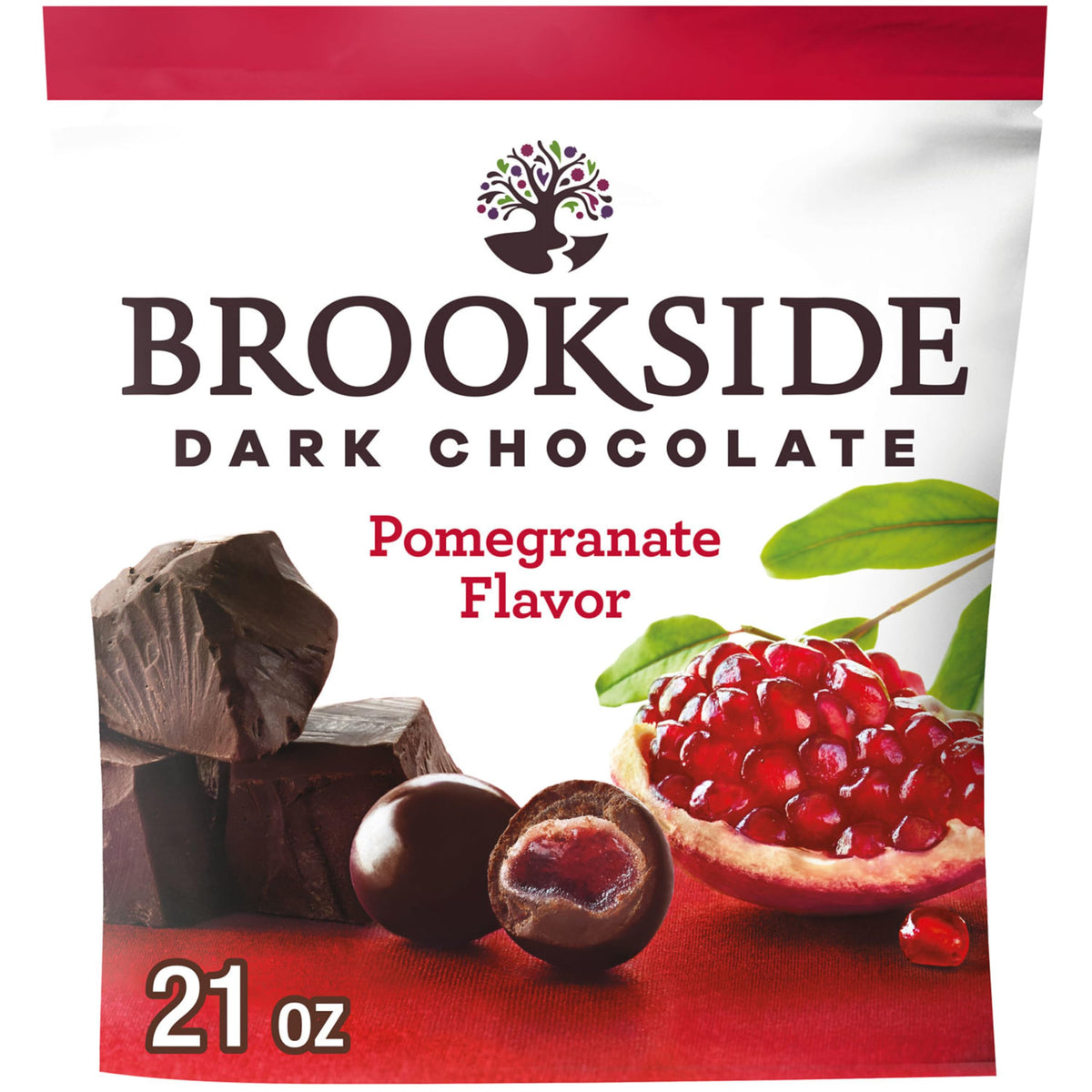 Brookside 21oz bag of dark chocolate with pomegranate centers for on-the-go snacking.