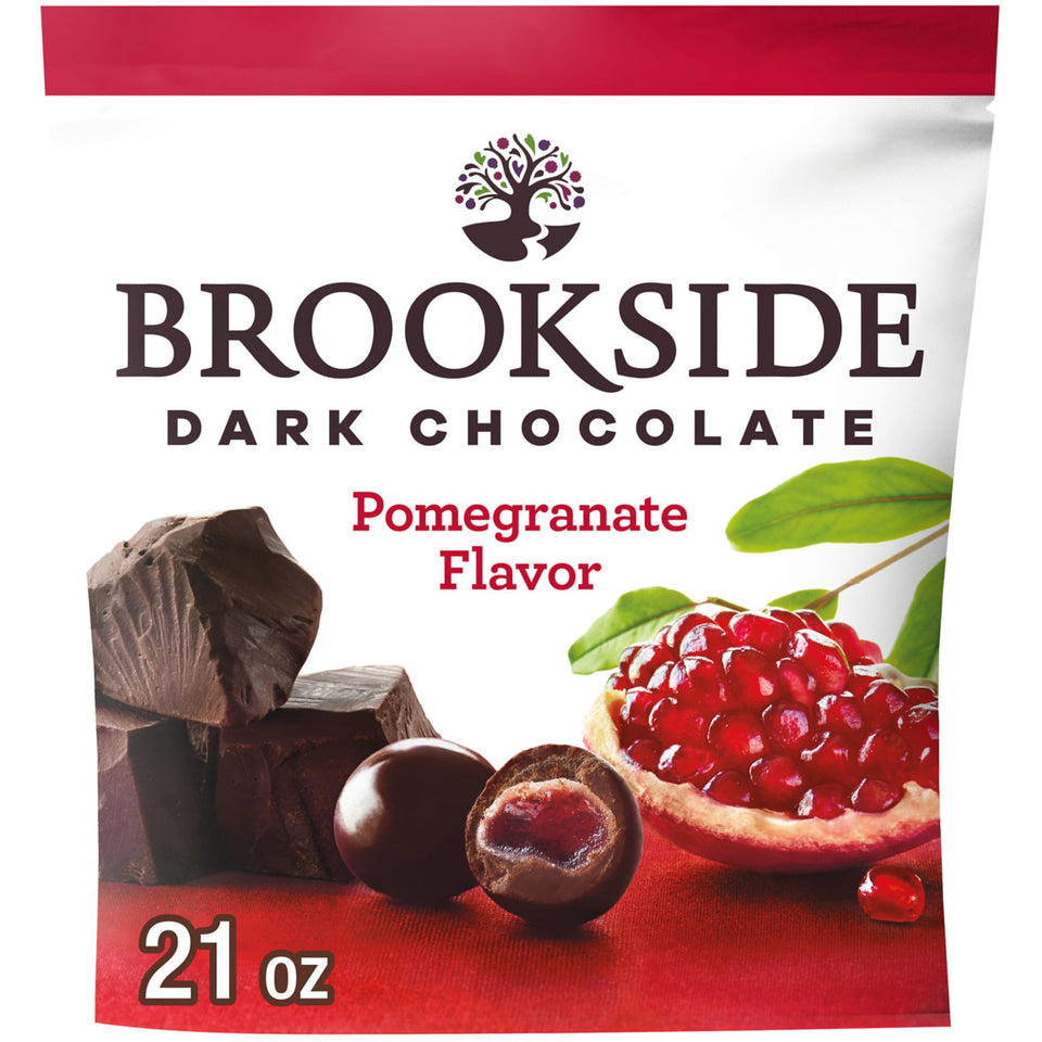 Brookside 21oz bag of dark chocolate with pomegranate centers for on-the-go snacking.