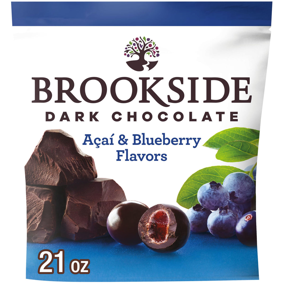 Brookside dark chocolate with acai and blueberry centers in a bag, gluten-free snack for on-the-go.