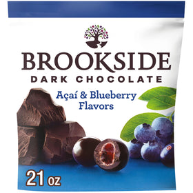 Brookside dark chocolate with acai and blueberry centers in a bag, gluten-free snack for on-the-go.