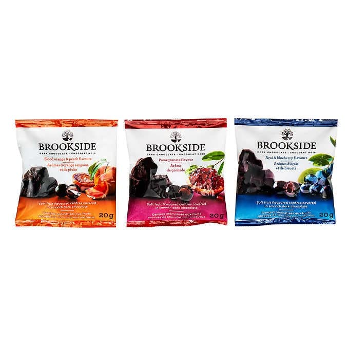 Brookside dark chocolate fruit variety pack shows glossy coating on bite-sized pieces ideal for sharing.