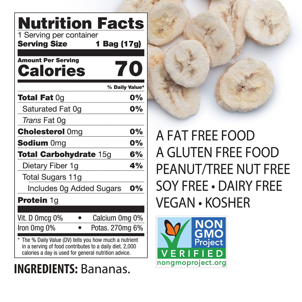 Brothers All Natural banana crisps showing ingredients and fruit-based simplicity.