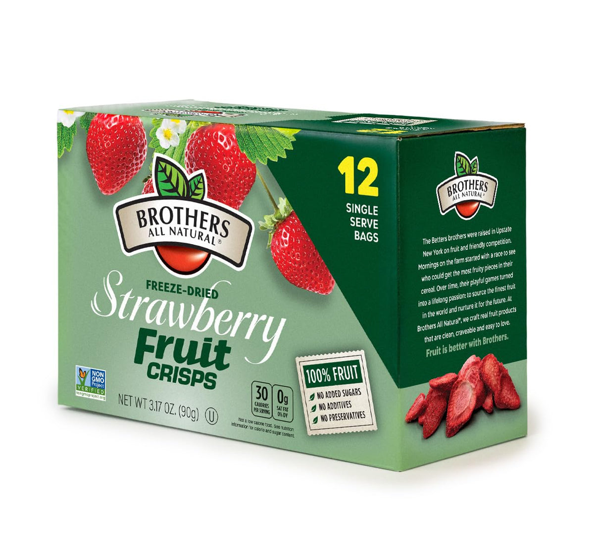 Brothers All Natural freeze-dried strawberries closeup, pure fruit flavor for a quick, gluten-free snack