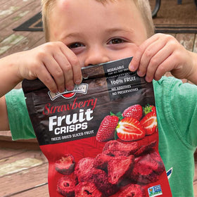 Brothers All Natural strawberry crisps in bowl, great yogurt topping