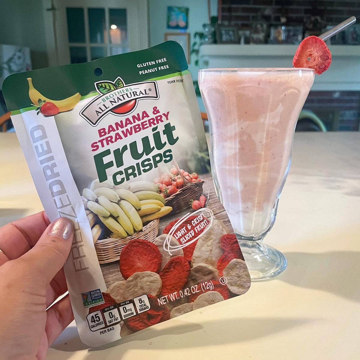 Brothers All Natural lunchbox snack idea with banana-strawberry crisp goodness.